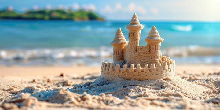 Summer kids holidays on the sea side, sea coast. Concept of summer vacation for postcard, banner, poster, advertisement with copy space. Close up photo of sand castle on the ocean beach on sunset