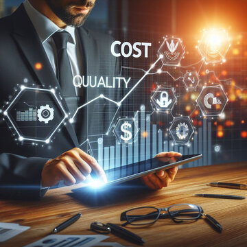 Cost and quality control, business strategy and project management concept. Businessman working on digital tablet with quality control growth graph and cost reduction, effective business