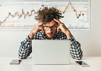 Confused trader holding his head in front of a laptop, market data charts in the background, white background. Generative ai