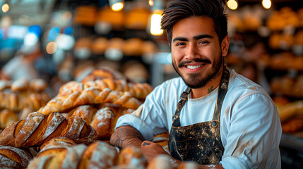 Young Hispanic baker with bread in rustic bakery relaxed ambience - obrazy, fototapety, plakaty