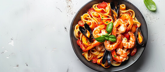 Plate with seafood pasta top view. Italian food, dish, meal, dinner. Healthy mediterranean diet eating.
- 780394146