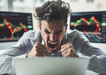 Angry trader getting mad in front of a laptop, market data charts in the background. Generative ai