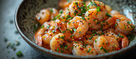 Cooked shrimp with herbs close up. Healthy food. - 780394307