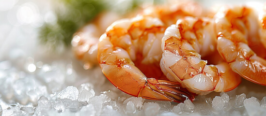 Fresh cooked boiled shrimps on ice close up. Healthy food, seafood.  - 780394317