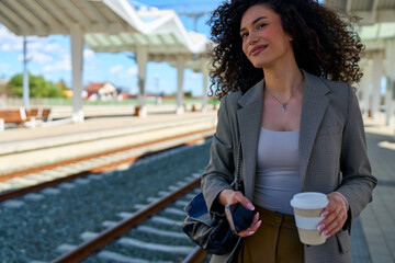 With a warm cup of coffee in hand, a young woman checks her phone while waiting for her train,...