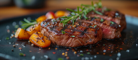 Grilled sliced medium rare steak with baked sweet potatoes close up. Cooked beef meat. Grill food, meal.