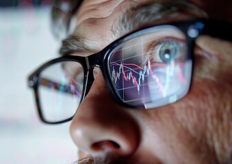 Forex charts, market data diagrams floating with closeup portrait of a man in eyeglasses focusing on the market. Generative ai