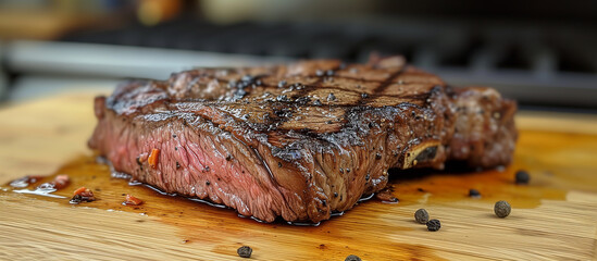 Grilled medium-rare t-bone steak close up. Cooked beef meat. Grill food, meal. - 780394369