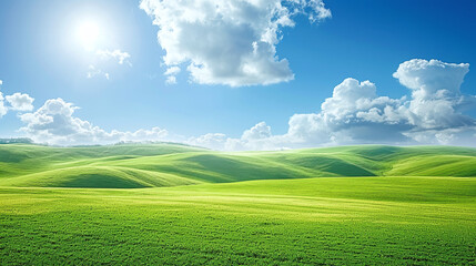hilly landscape with green grass and blue sky 