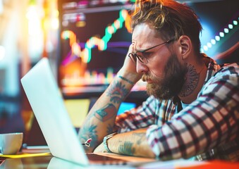 Confused trader holding his head in front of a laptop, market data charts in the background. Generative ai