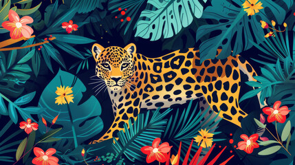 Obraz premium Flat illustration of a leopard in the jungle, surrounded by tropical foliage and flowers