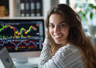 Happy trader smiling in front of a laptop, market data charts in the background, trading concept. Generative ai