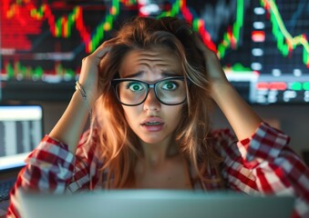 Confused woman trader holding his head in front of a laptop, market data charts, forex charts in the background, Generative ai