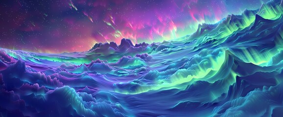 Cosmic auroras dance and shimmer, their neon hues painting the celestial canvas with an otherworldly glow that captivates the senses.