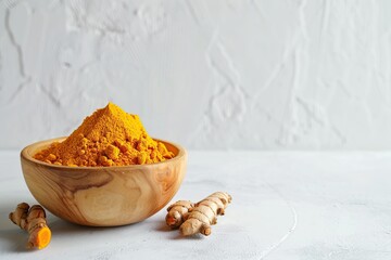 Turmeric root and yellow curcuma powder in the bowl. Fresh turmeric rhizome with sliced over light grey concrete background. Ground spice for cooking. Herb medical concept. Natural organic ingredient