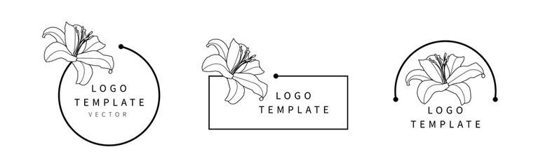 Vector logo design and monogram concept in trendy linear style. Floral frame with lily with space for copying text or letters.