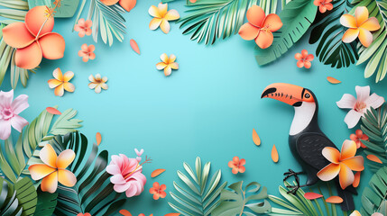 Summer blue background with toucan, flowers and leaves with place for text.
