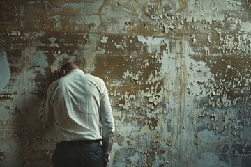 Stressed businessman in despair leaning against a grunge wall - obrazy, fototapety, plakaty