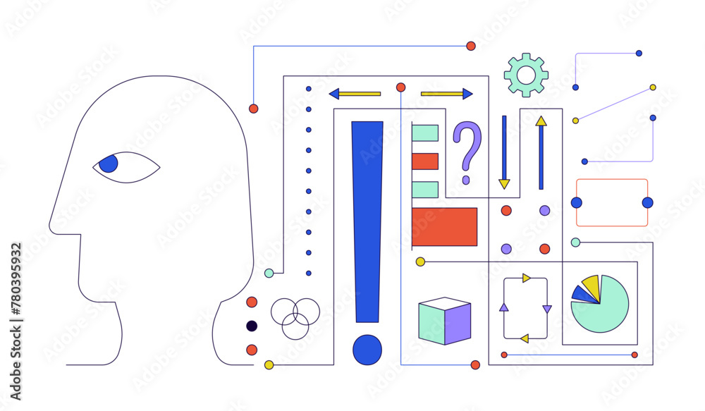 Poster deep learning ai 2d linear illustration concept. artificial intelligence algorithm cartoon object is