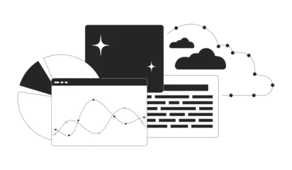 Foto op Canvas Analytics project management black and white 2D line cartoon object. Data analysis cloud storage isolated vector outline item. Digital files, graphs charts monochromatic flat spot illustration © The img