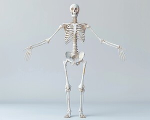 3D rendering of a human skeleton, full body, standing pose, highresolution, photorealistic style, soft studio lighting
