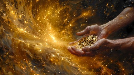 Fototapeta premium Hands holding gold coins glowing poster background