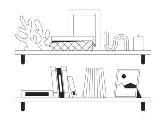 Poster Shelves with cute domestic accessories black and white 2D line cartoon objects set. Interior decor on racks isolated vector outline items collection. Home design monochromatic flat spot illustrations © The img