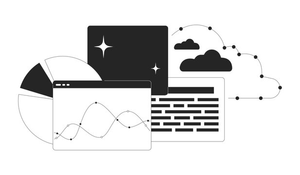 Analytics project management black and white 2D line cartoon object. Data analysis cloud storage isolated vector outline item. Digital files, graphs charts monochromatic flat spot illustration