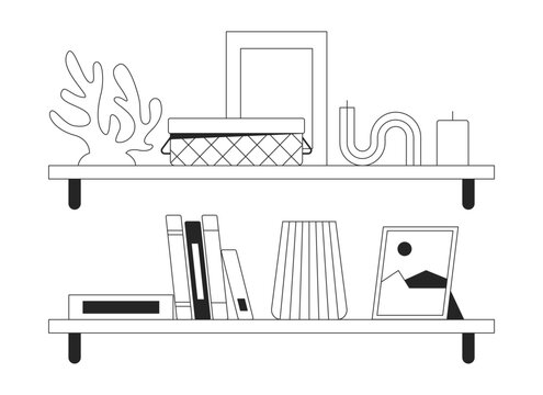 Shelves with cute domestic accessories black and white 2D line cartoon objects set. Interior decor on racks isolated vector outline items collection. Home design monochromatic flat spot illustrations