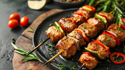 Grilled kebabs with skewers, meat, vegetables, tomatoes, and herbs on a wooden board - obrazy, fototapety, plakaty