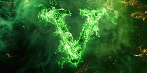 Alphabet powerful font letter. Letter V made of fire flames with red smoke behind hot metal font in green flames isolated on black background.
