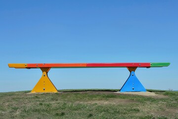Fototapeta na wymiar Seesaw waiting for play, vivid colors, clear blue sky, side view, detailed texture 