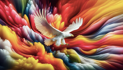 A majestic white eagle soars with wings spread wide, set against a dynamic backdrop of swirling, multicoloured clouds.