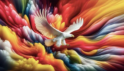 Fotobehang A majestic white eagle soars with wings spread wide, set against a dynamic backdrop of swirling, multicoloured clouds. © Clara