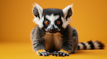 a Ringtail Climbing, studio shot, against solid color background, hyperrealistic photography, blank space for writing