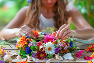 DIY Crafts Project: Someone sitting at a table outdoors, making a summer wreath with colorful flowers and seashells