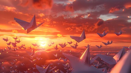 Origami Paper Planes Soaring into a Fiery Sunset Horizon Embodying Resilience and Bravery Generative ai - obrazy, fototapety, plakaty