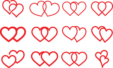 Two red heart line art vector icon set. Set of love symbols for Valentine's Day. 