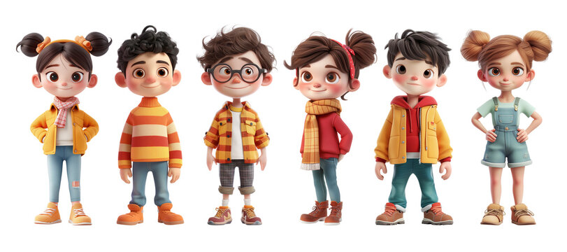 Cute Cartoon Realistic Happy Children Characters Set