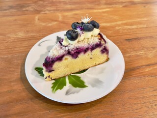 Blueberry shortcake on dish, selective focus
