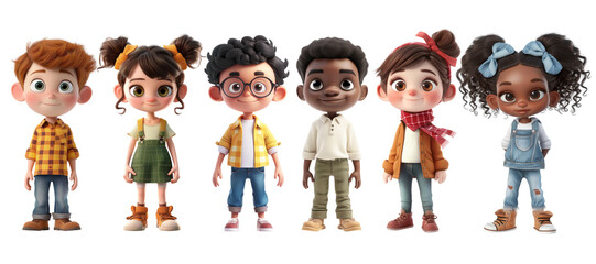Cute Cartoon Realistic Happy Children Characters Set