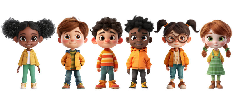 Cute Cartoon Realistic Happy Children Characters Set