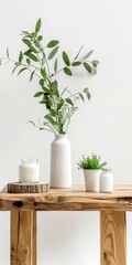 A wooden stool table against a white wall and there are some cosmetic products and bottles on it an a white vase with plant inside. web banner style. - obrazy, fototapety, plakaty
