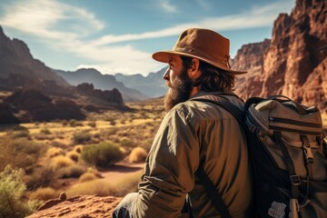 A man wearing a hat and backpack stands at the edge of a desert, gazing out at the vast, arid landscape before him