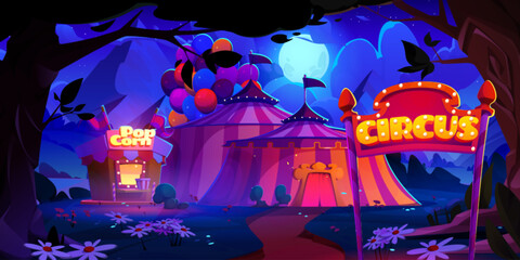 Night carnival park entrance with circus amusement illustration. Fun childish festival cartoon design with neon marquee light. Weekend in forest fairground. Attraction and celebration with balloon - obrazy, fototapety, plakaty