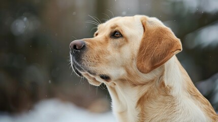 Close-up portrait of a brown Labrador Retriever dog in winter snow showing profile and whiskers
