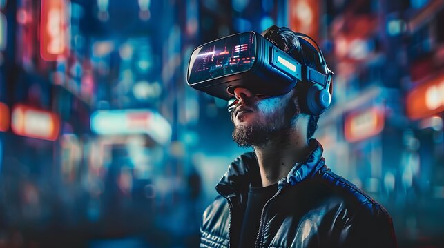 A young man, with his goggles playing in a futuristic cyber world, wearing VR headset, Virtual reality, innovation and new technology abstract concept.