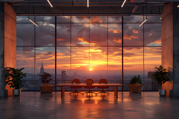 Office interior with sunset view through glass walls. Corporate design and work-life balance concept. Design for real estate and business publications. Warm lighting and cityscape silhouette