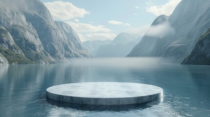 A large round or podium show case white object sits on a body of water