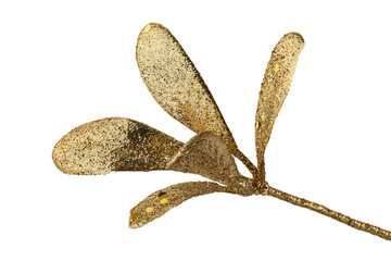 a branch with artificial leaves covered with gold sequins, a festive decoration, isolated